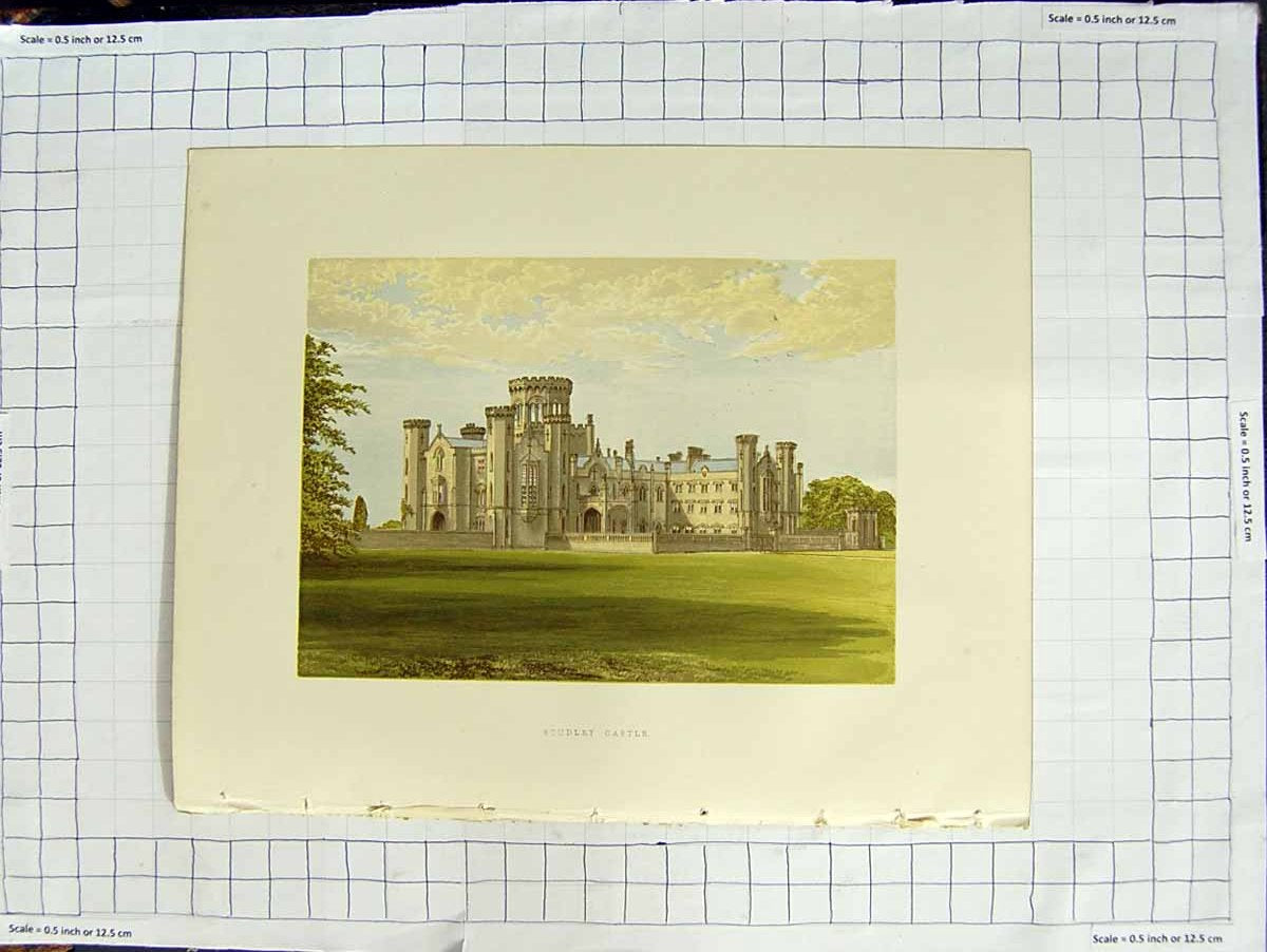 Original Old Antique Print 1880 Colour Plate Studley Castle Warwickshire Walker