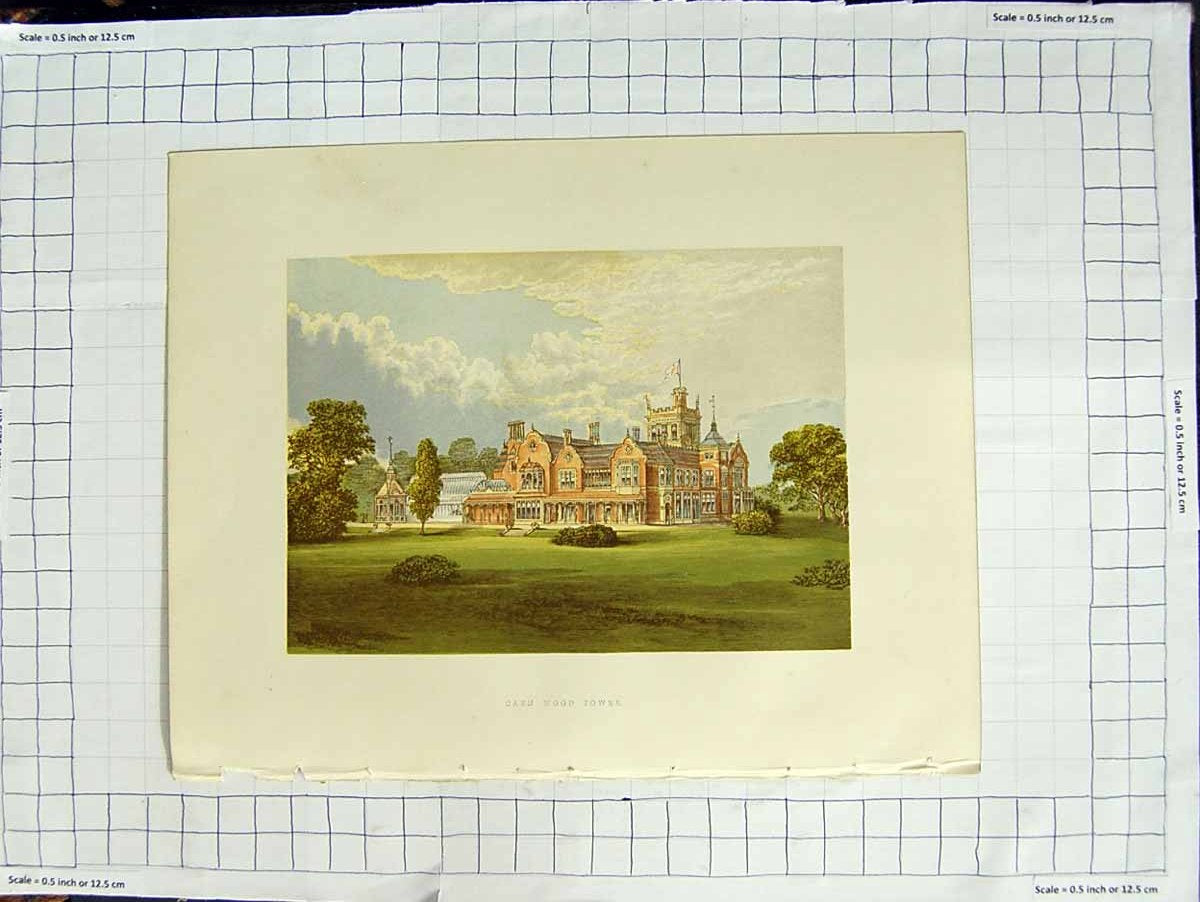 Old Antique Print 1880 Colour Plate View Caen Wood Tower Highgate Beckitt 19th