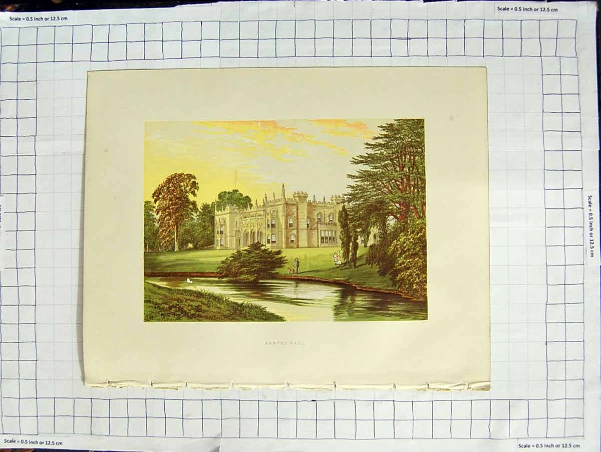 Old Antique Print 1880 Colour Plate View Arbury Hall Nuneaton Newdegate 19th