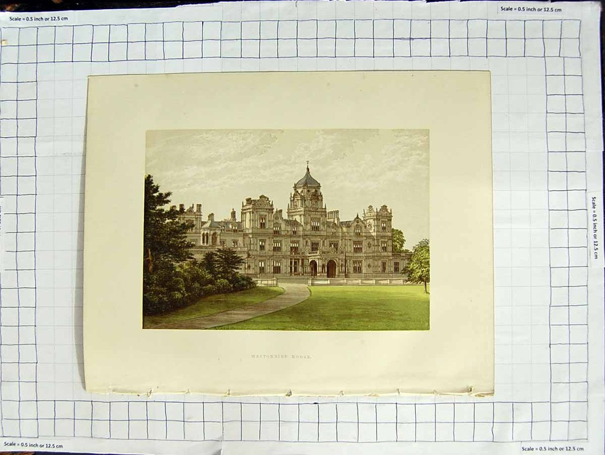 Old Antique Print 1880 Colour Plate View Westonbirt House Tetbury Holford 19th