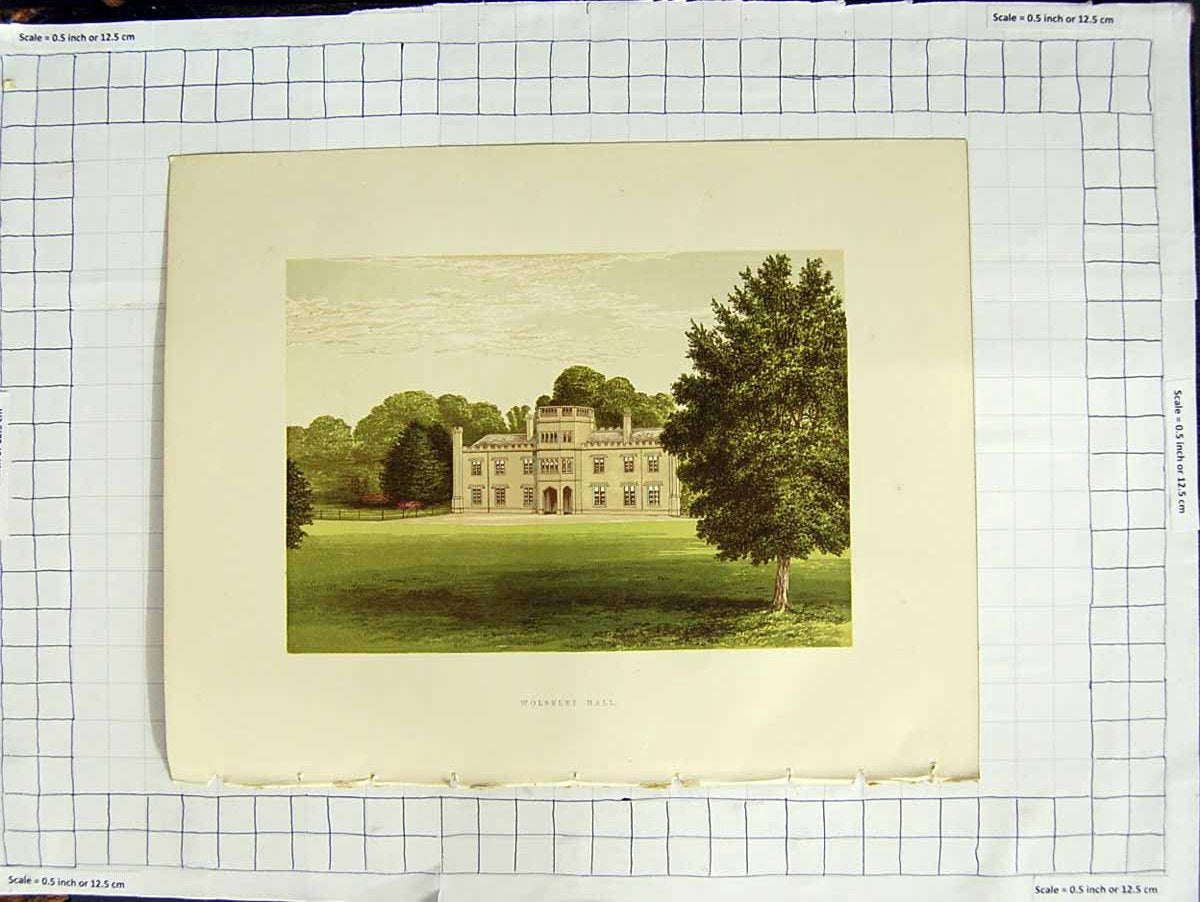 Original Old Antique Print 1880 Colour Plate View Wolseley Hall Rugeley Baronet
