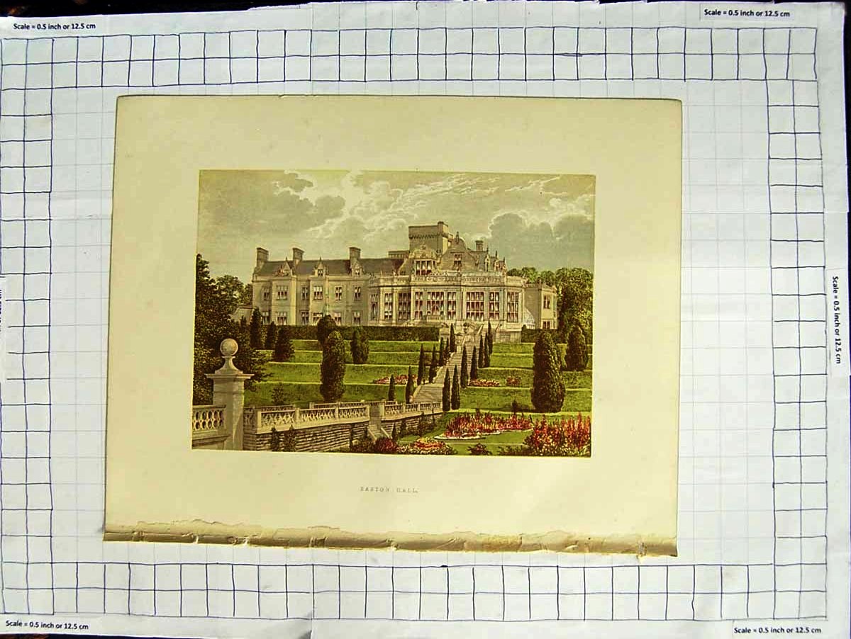 Original Old Antique Print 1880 Colour Plate View Easton Hall Cholmeley Baronet