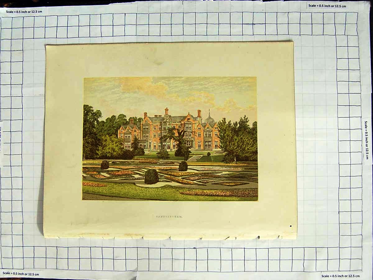 Original Old Antique Print 1880 Colour Plate View Sandringham Lynn Norfolk 19th