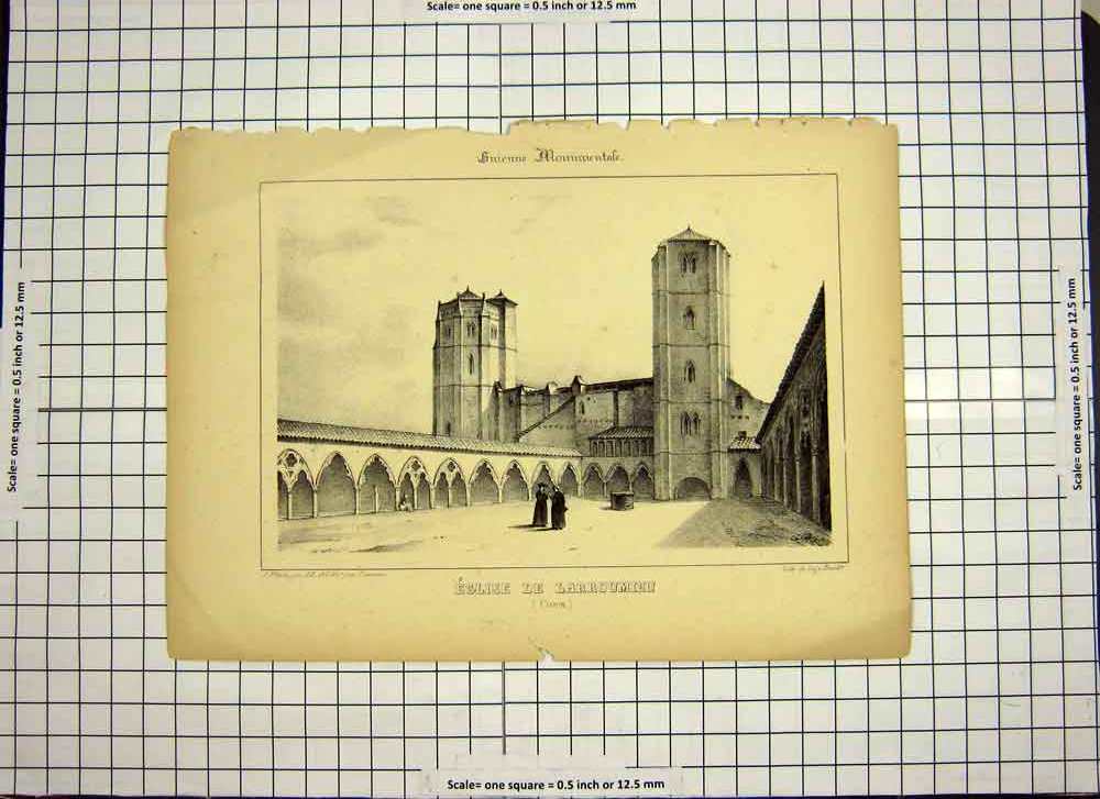 Old Antique Print C1790-C1900 Eglise De Larroumieu Architecture Building 18th