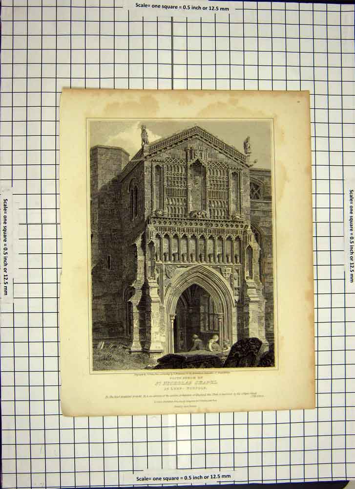 Old Antique Print 1811 Porch St. Nicholas Chapel Lnn Norfolk Architecture 19th