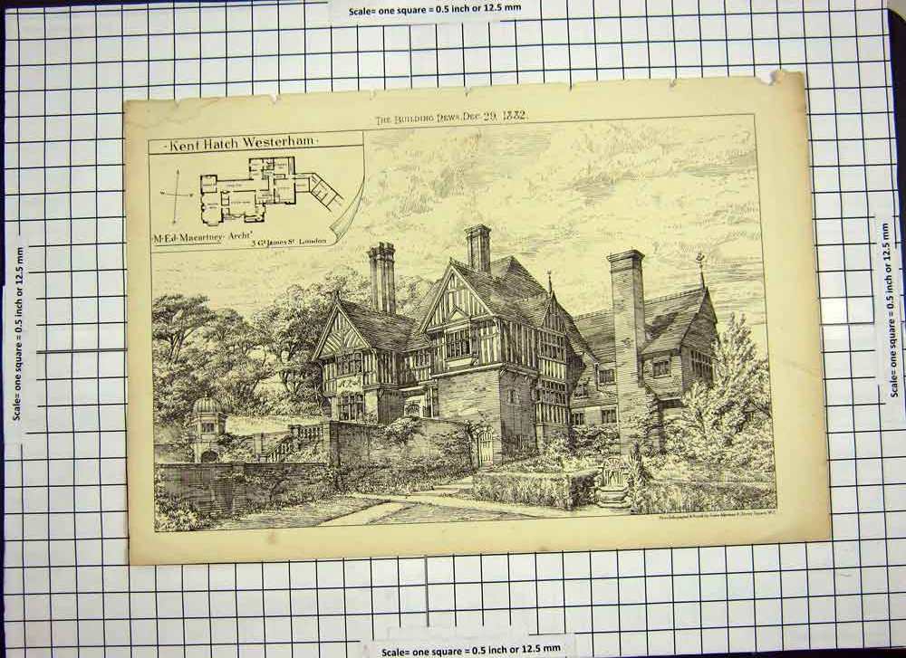 Original Old Antique Print 1882 Kent Hatch Westerham Architecture Building 19th