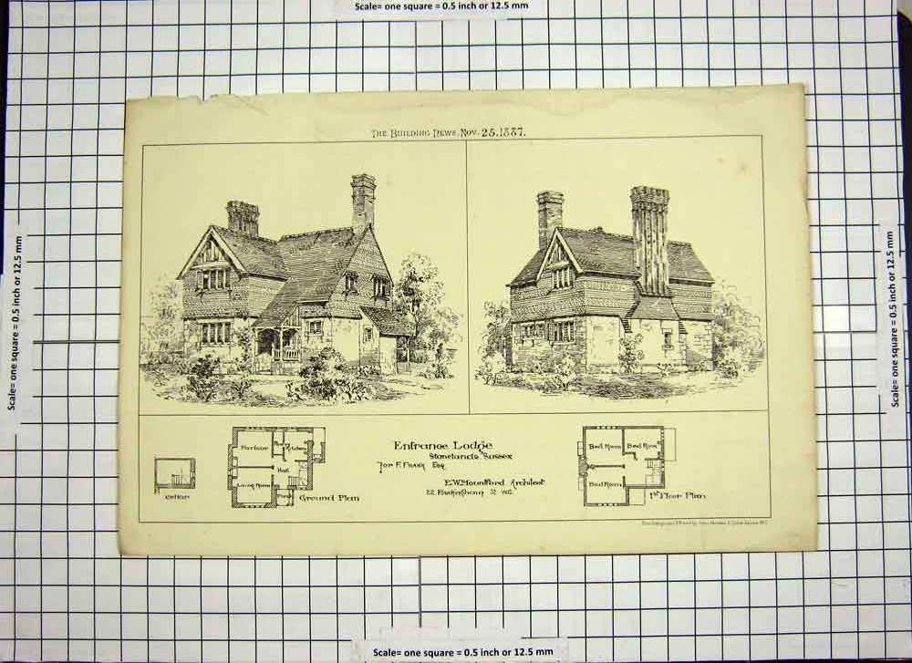 Original Old Antique Print 1887 Entrance Lodge Stonelands Sussex Architecture