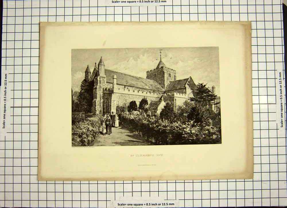Original Old Antique Print C1790-C1900 St. Clements Rye Church Architecture