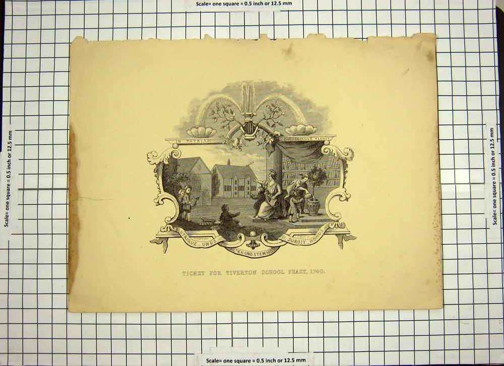 Original Old Antique Print 1740 Ticket Tiverton School Feast