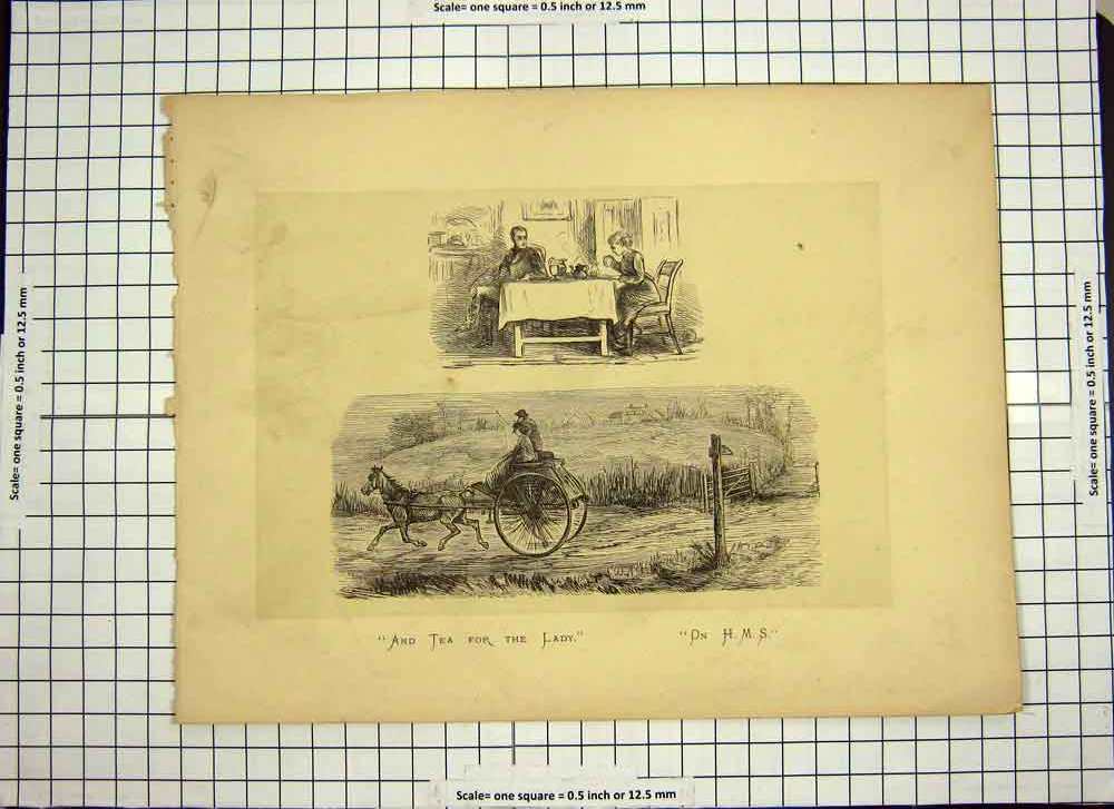 Original Old Antique Print C1790-C1900 Lady Man Tea Table Horse Cart Country