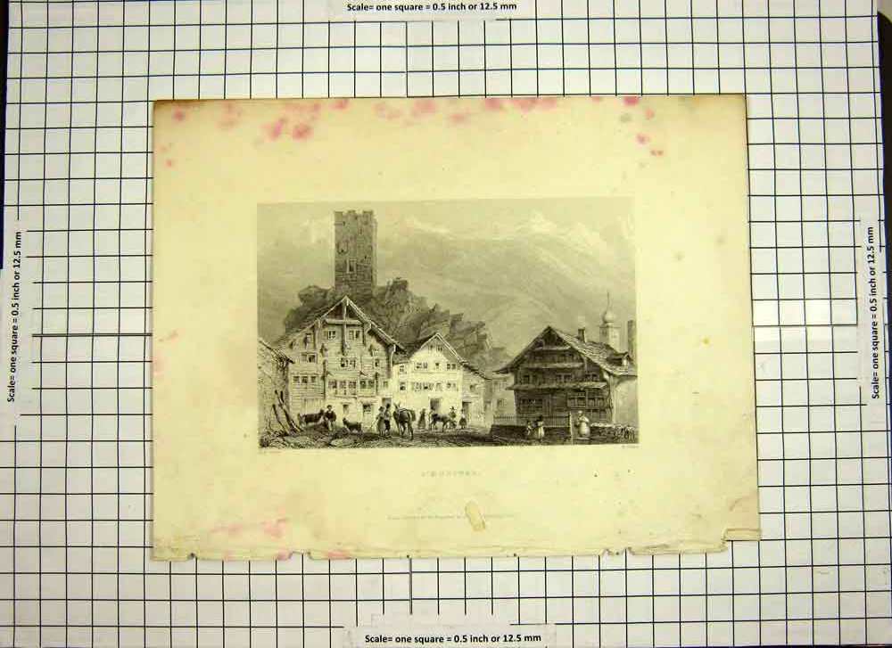 Original Old Antique Print 1835 View L'Hopital Mountains Town Houses 19th