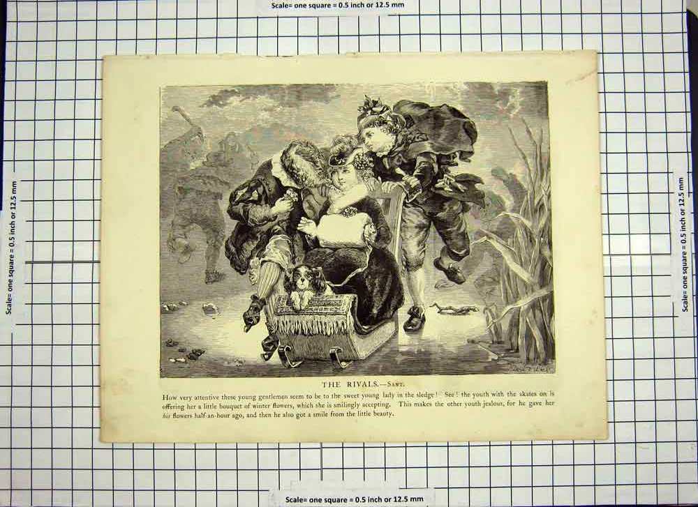 Original Old Antique Print C1790-C1900 Romance Rivals Young Girl Dog Sledge Ice