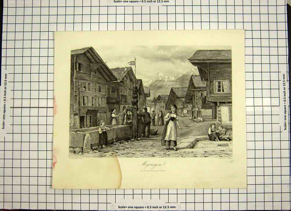 Original Old Antique Print C1790-C1900 View Town Meyringen Mountains Houses