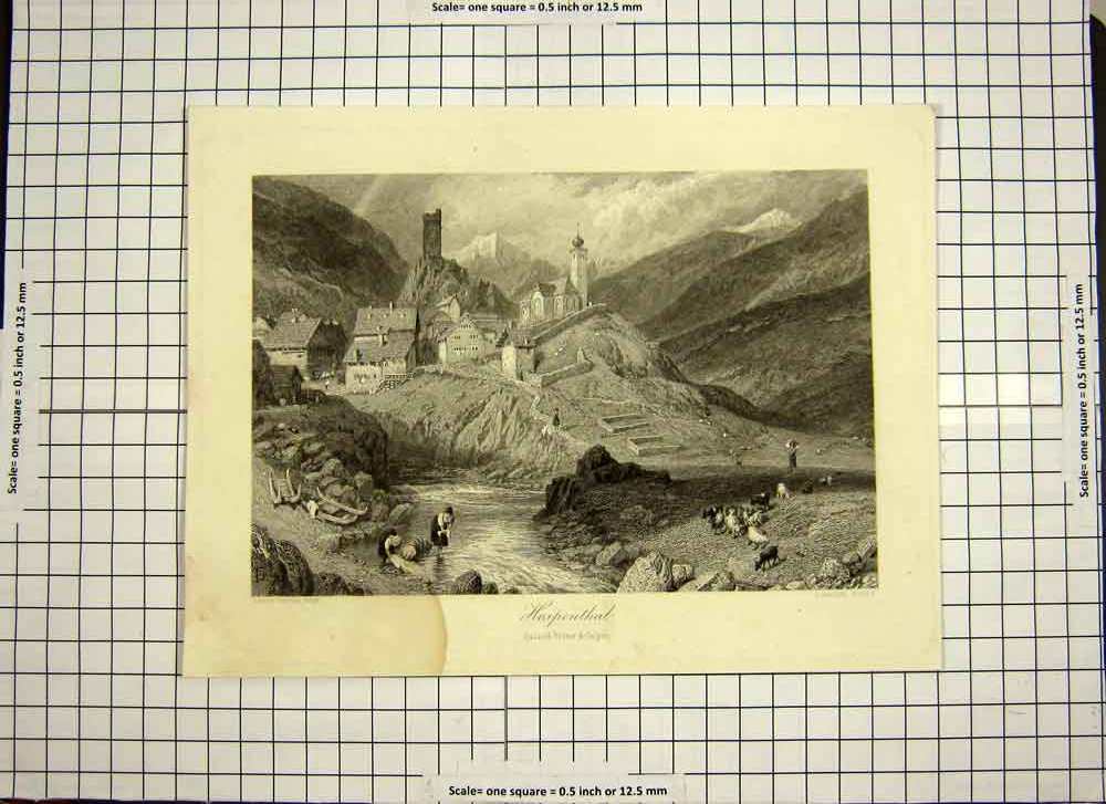 Original Old Antique Print C1790-C1900 Mountains Hospenthal Church Houses 18th