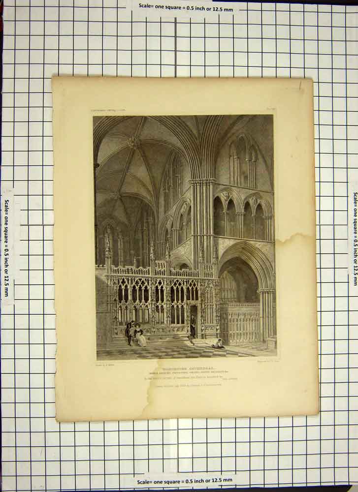 Original Old Antique Print 1832 Worcester Cathedral Prince Arthur Sepulchral