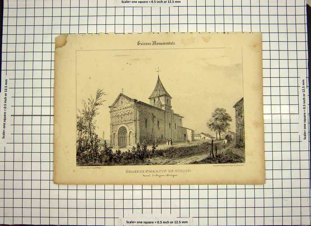 Original Old Antique Print C1790-C1900 Eglisede St. Martin De Gurcon Church