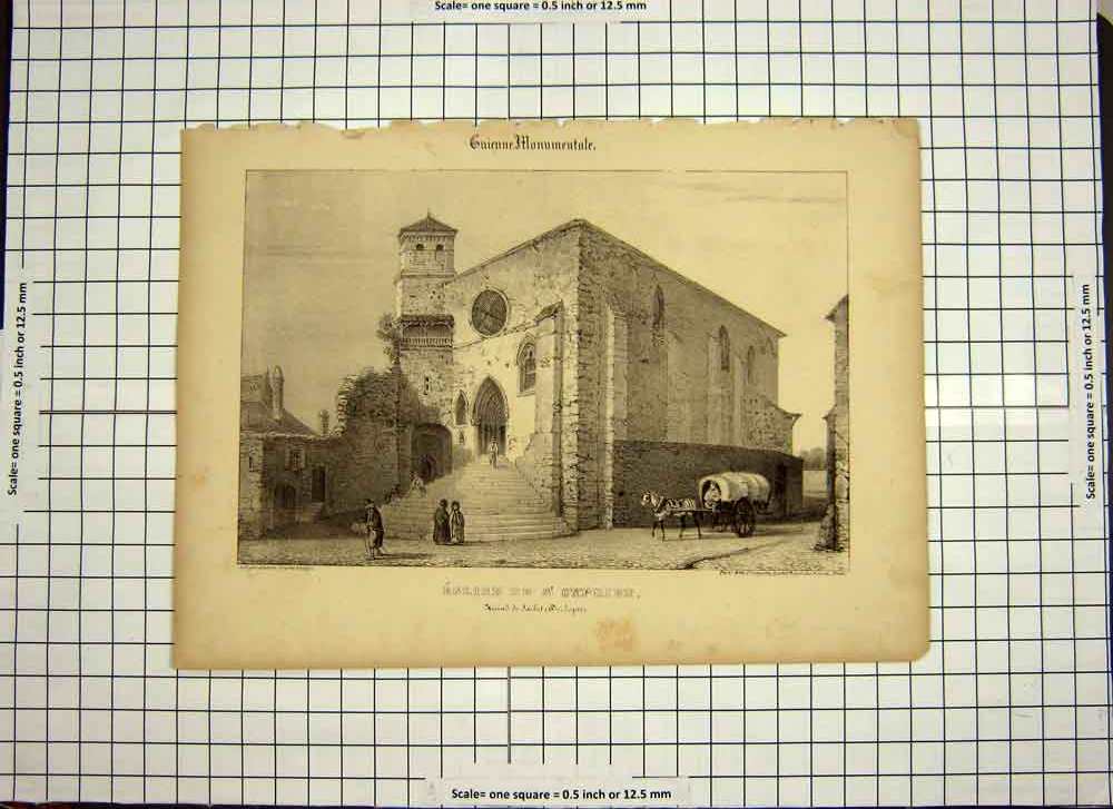 Original Old Antique Print C1790-C1900 Church Eglise De Cyprien Architecture