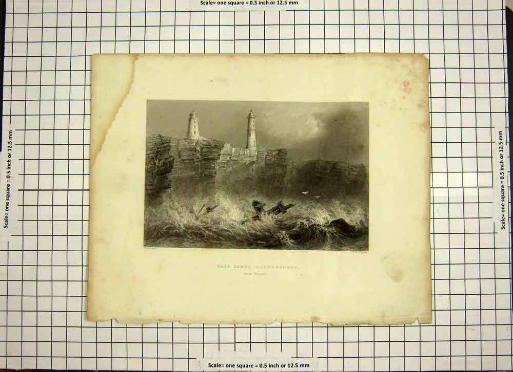 Old Antique Print C1790-C1900 Nass Sands Lighthouses Bristol Stormy Sea 18th