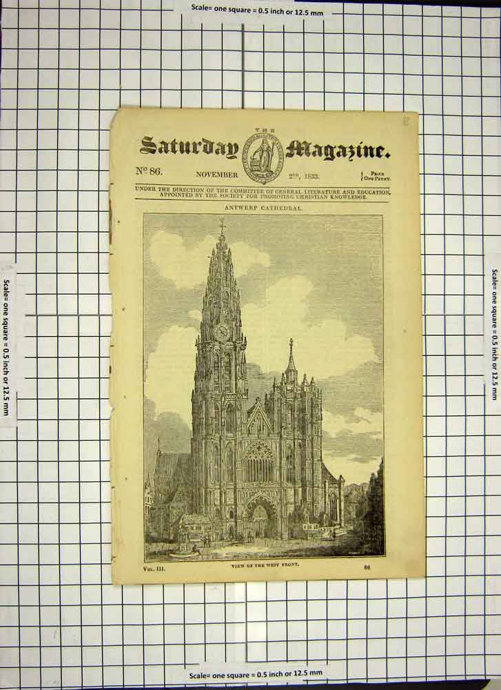 Old Antique Print C1790-C1900 West Front Antwerp Cathedral Architecture 18th