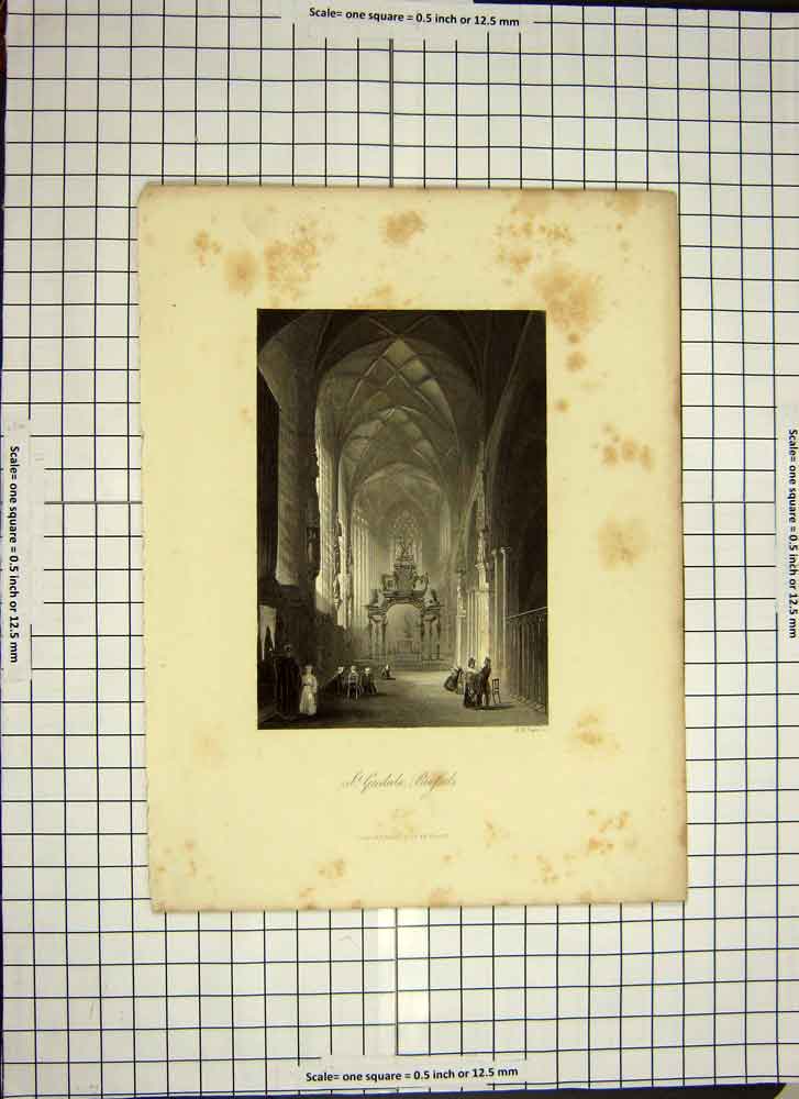 Original Old Antique Print C1790-C1900 St. Gudula Brussels Belgium Architecture