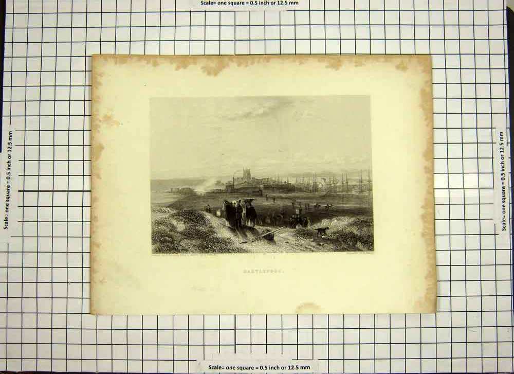 Antique Old Print Ref.528 C1790-C1900 View Hartlepool Ships Tower Fisherwomen