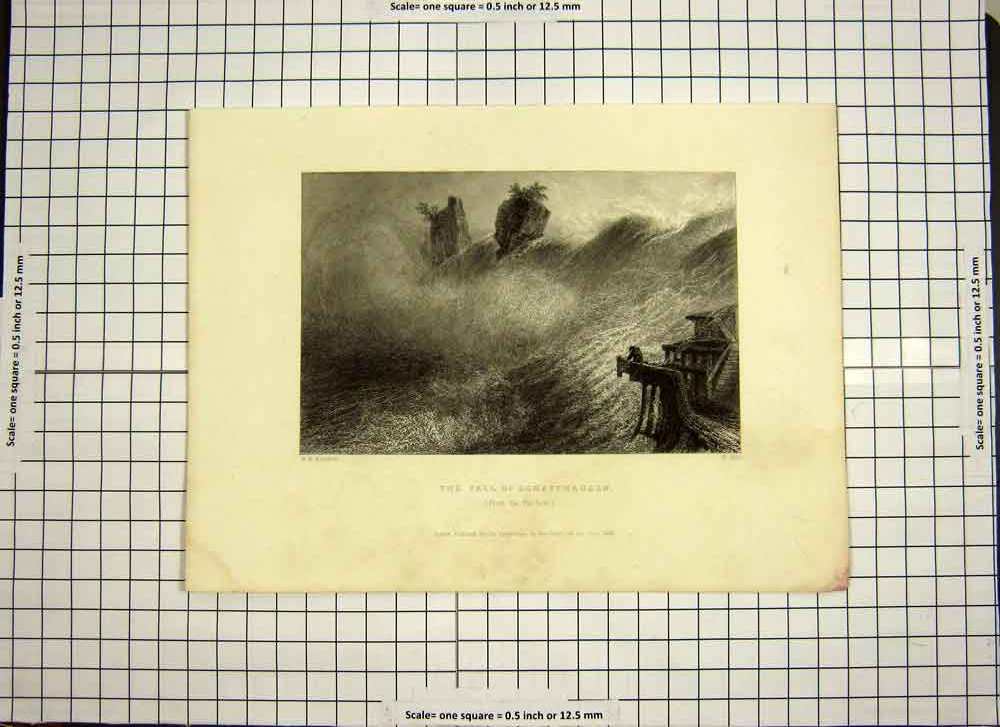 Original Old Antique Print 1836 Fall Schaffhausen Fischetz River Engraving 19th