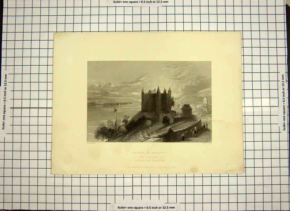 Original Old Antique Print 1839 Castle Granson Lake Neuschatel Kasteel Grandson