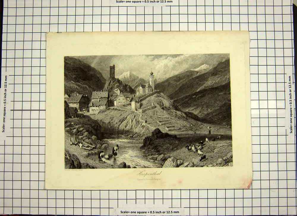 Old Antique Print C1790-C1900 View Hospenthal Mountains Church Engraving 18th