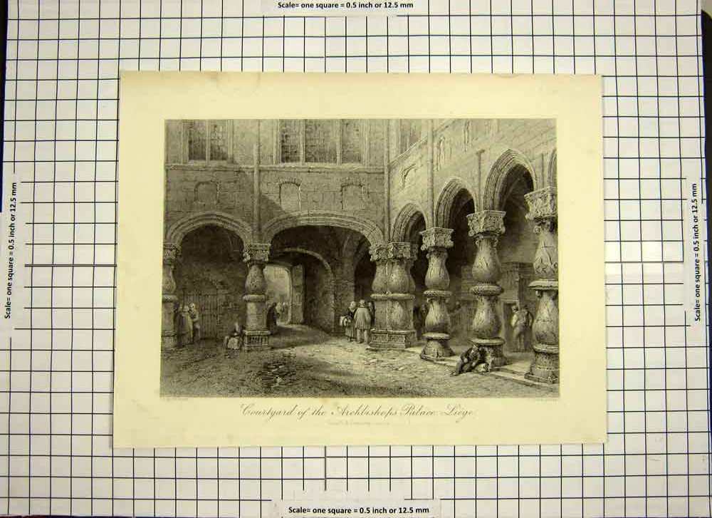 Original Old Antique Print C1790-C1900 Courtyard Archbishops Palace Liege 18th