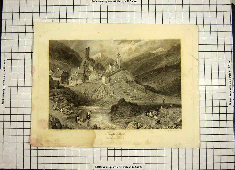 Original Old Antique Print C1790-C1900 View Hospenthal Mountains Houses Church