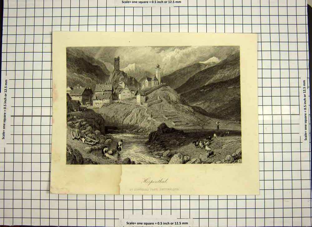 Original Old Antique Print C1790-C1900 View Hospenthal Gothard Pass Switzerland
