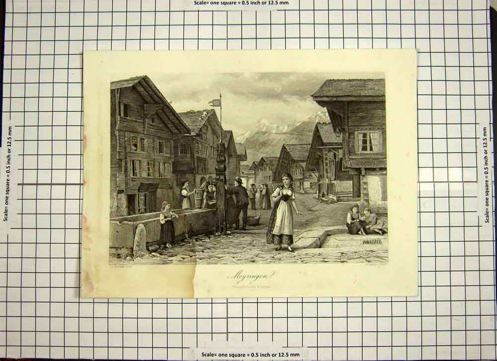 Original Old Antique Print C1790-C1900 View Town Meyringen Family Water Well