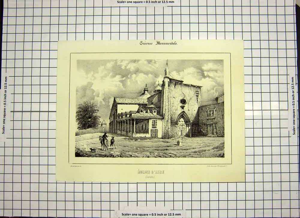 Original Old Antique Print C1790-C1900 Eglise D'Aire Landes Church Architecture