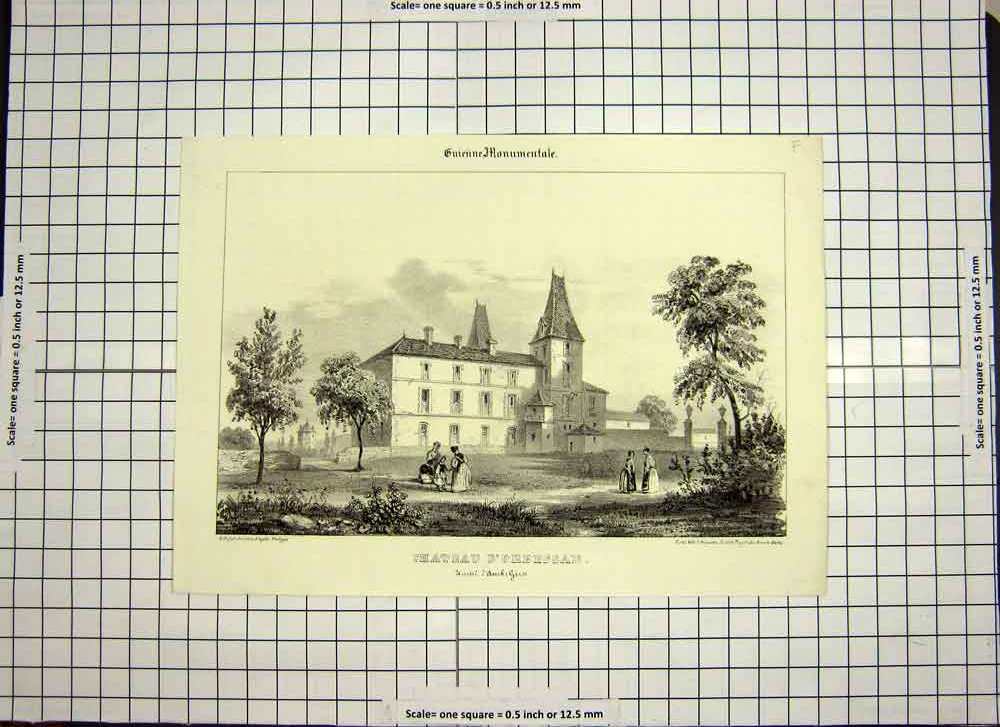 Original Old Antique Print C1790-C1900 View Chateau D'Orbessan Architecture
