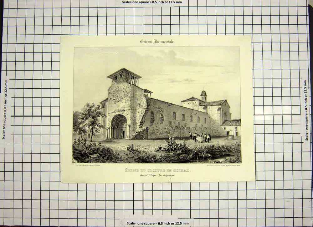Original Old Antique Print C1790-C1900 E'Glise Et Cloitre De Moirax Buildings