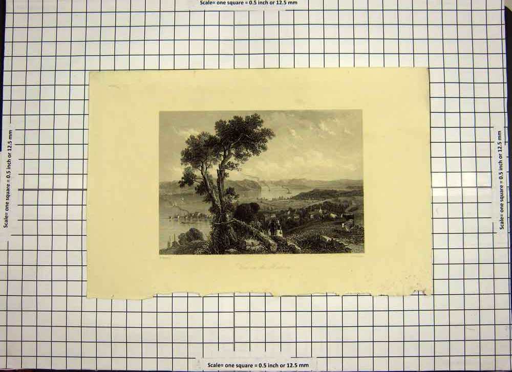 Original Old Antique Print C1790-C1900 View Hudson River Trees Mountains 18th