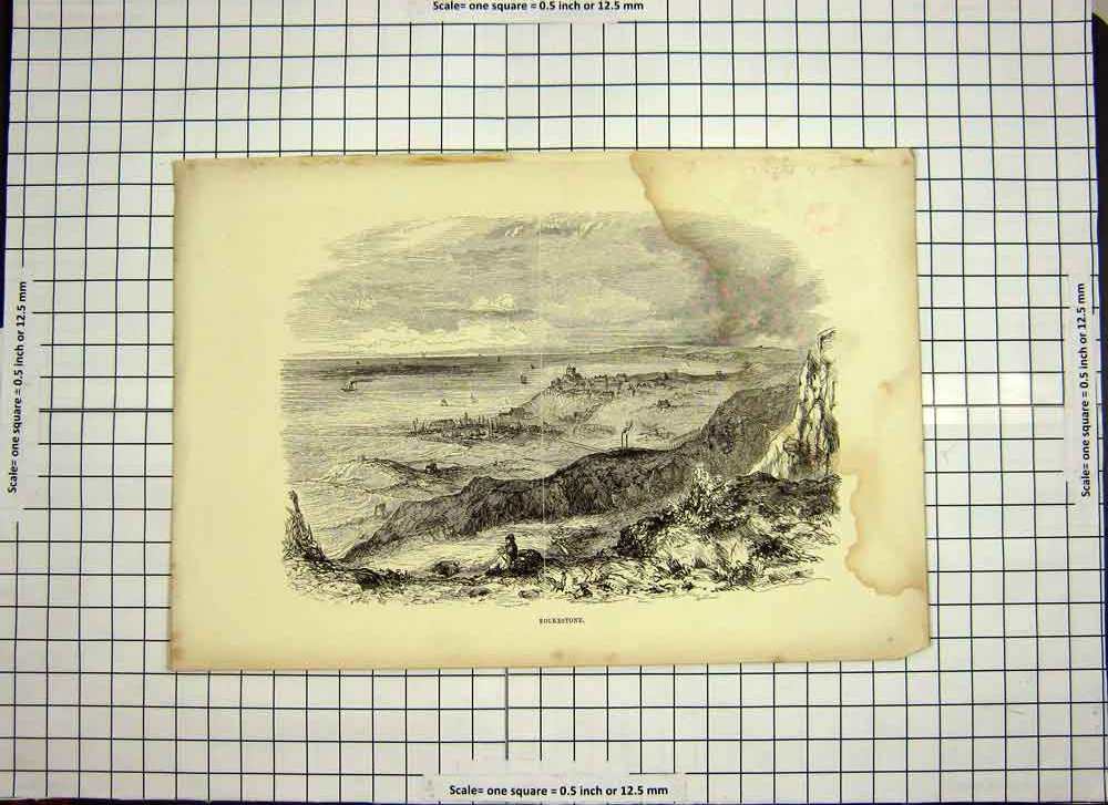 Original Old Antique Print C1790-C1900 View Town Folkestone Kent England 18th