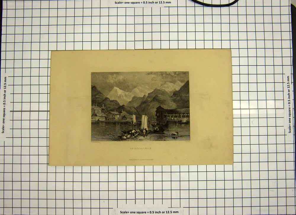 Original Old Antique Print C1790-C1900 View Interlachen Mountains Boats Houses