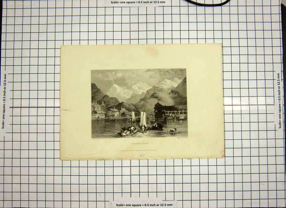 Original Old Antique Print 1833 View Interlachen Mountains Boats Houses 19th