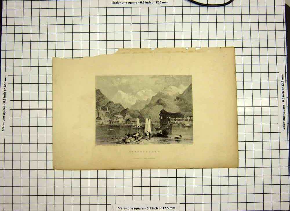 Original Old Antique Print C1790-C1900 View Interlachen Mountains Boats 18th