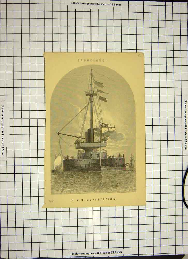 Old Antique Print C1790-C1900 Ironclad War Ship H.M.S Devastation Flags 18th