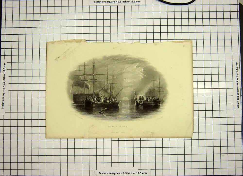 Original Old Antique Print C1790-C1900 War Ships Burial Sea Sunset Engraving