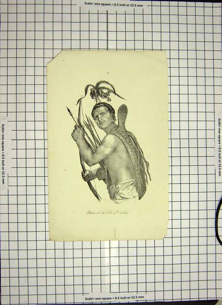 Original Old Antique Print C1790-C1900 Man Bow Arrows Weapons 18th Century