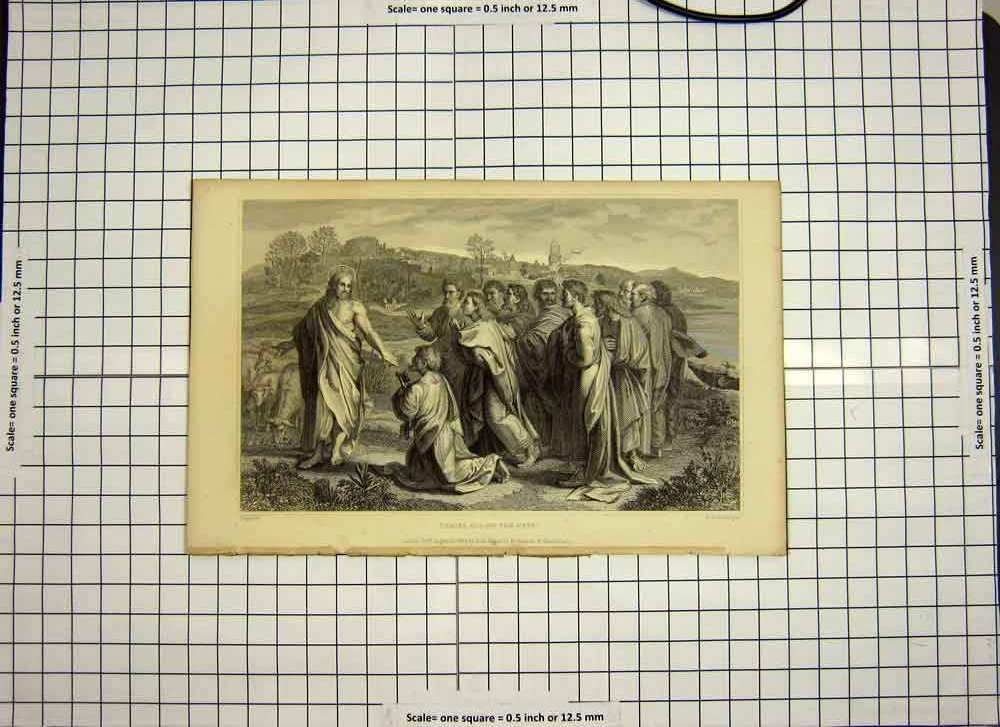 Original Old Antique Print 1834 Engraving Scene Christ Giving Keys Worthington
