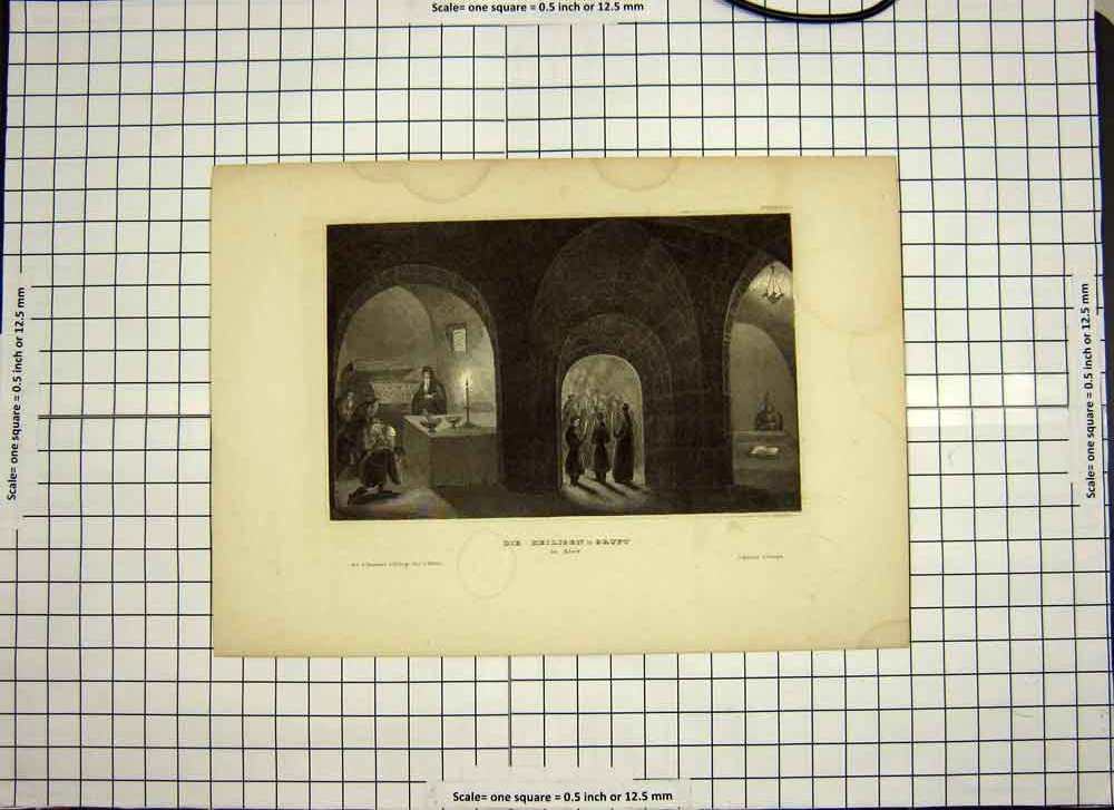 Original Old Antique Print C1790-C1900 Heiligen Gruft Men Praying Kiew Church