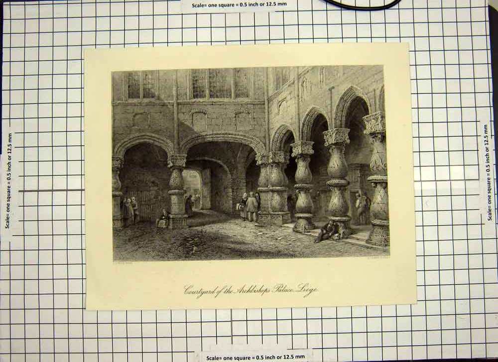 Original Old Antique Print C1790-C1900 Courtyard Archbishop Palace Liege Crew