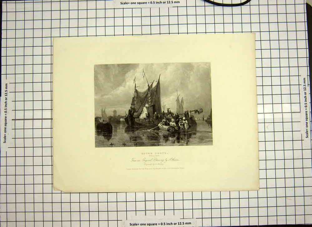 Old Antique Print C1790-C1900 River Dorte Holland Ships Boats Engraving 18th