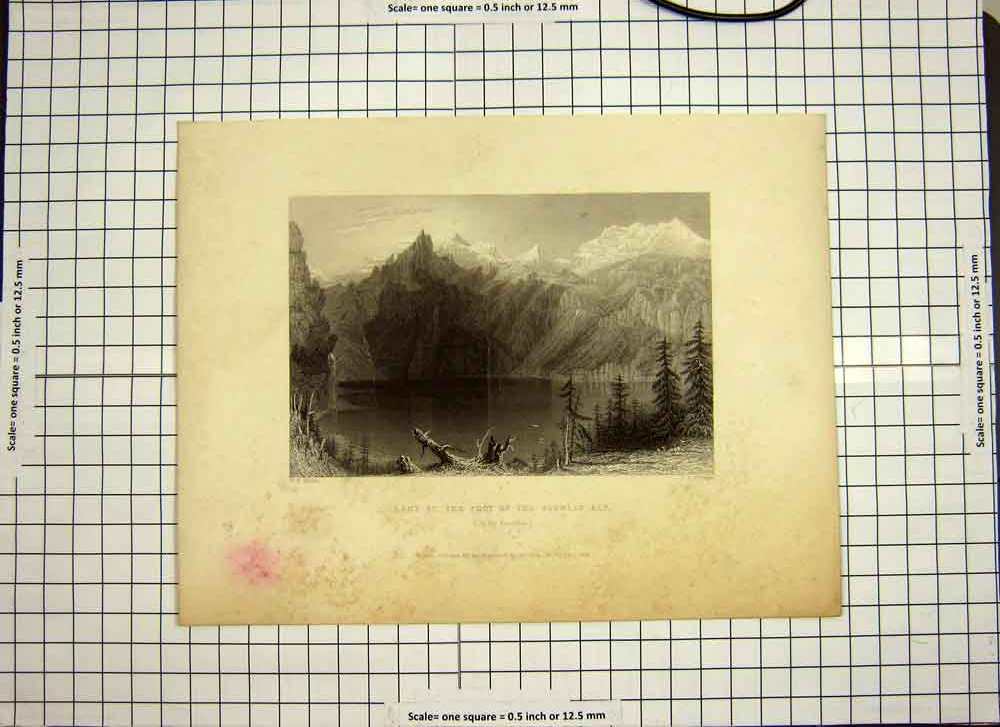Original Old Antique Print 1835 Lake Foot Blumlis Alp Mountains Ascenthal Trees