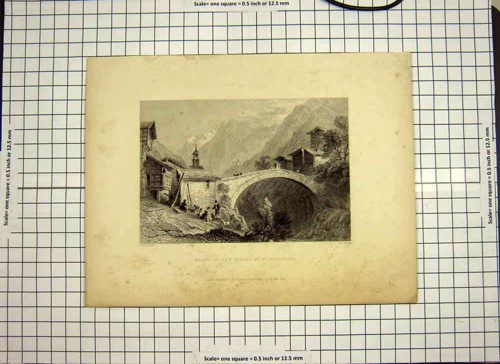 Original Old Antique Print 1836 Scene Valley St. Nicholas Mountains Bridge 19th