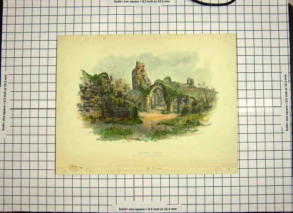 Original Old Antique Print C1790-C1900 Colour Hastings Castle Ruins 18th